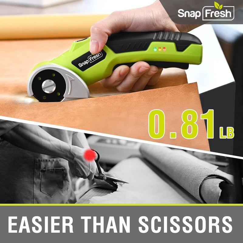 SnapFresh مقص كهربائي لاسلكي 4 فولت، قاطع كرتون قابل لإعادة الشحن وأداة قطع صناديق دوارة، 285 دورة في الدقيقة لقطع القماش والسجاد والجلد مع LED، شفرة إضافية، بطارية 2.0Ah وحقيبة تخزين (SP5091) - Image 4